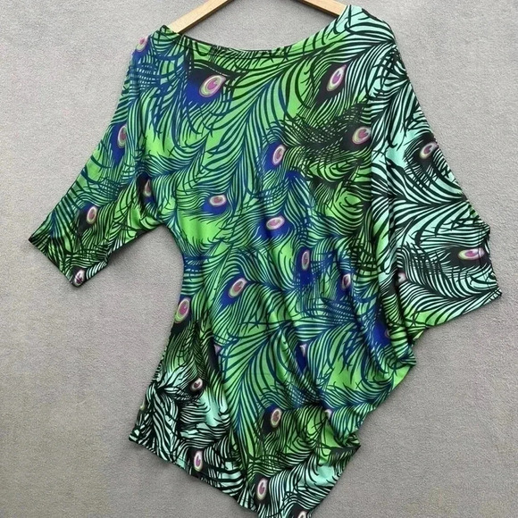 MT Collection  XL Off Shoulder Dress Peacock Print - Picture 2 of 6